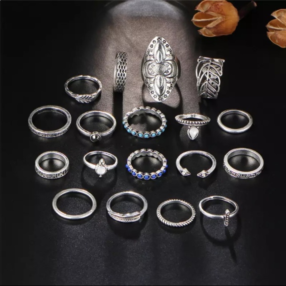 18pc boho vintage silver ring set - Picture 3 of 9